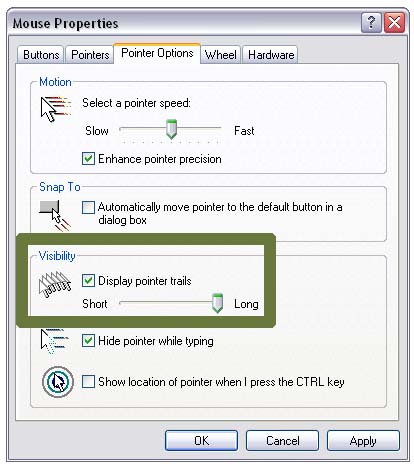 Add Trails to Pointer: Windows XP