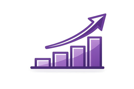 A purple line graph with five vertical bars increasing in height from left to right, and an upward arrow indicating growth.
